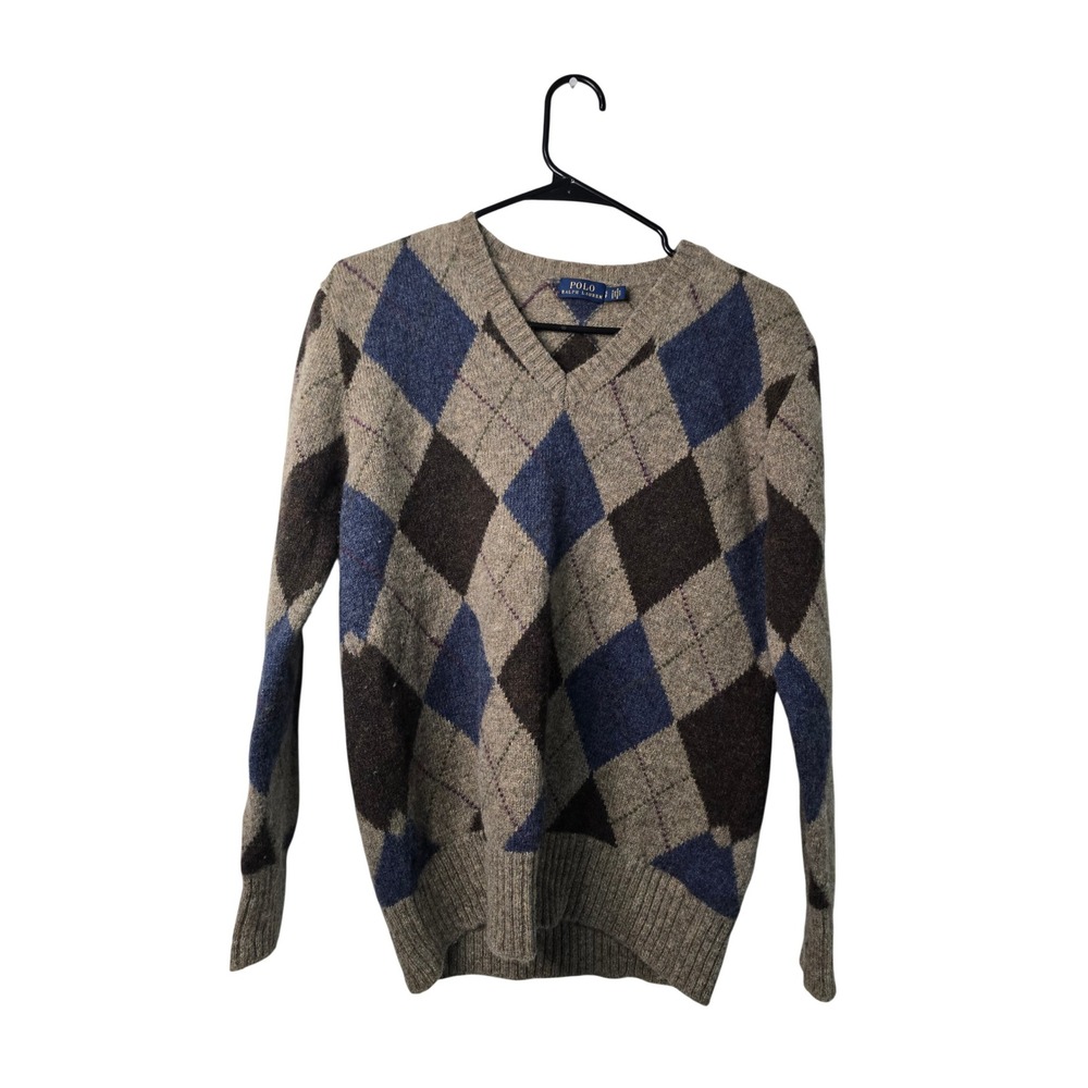 Polo Ralph Lauren Mens Small Argyle V-Neck Sweater 100% Wool Brown Blue EUC